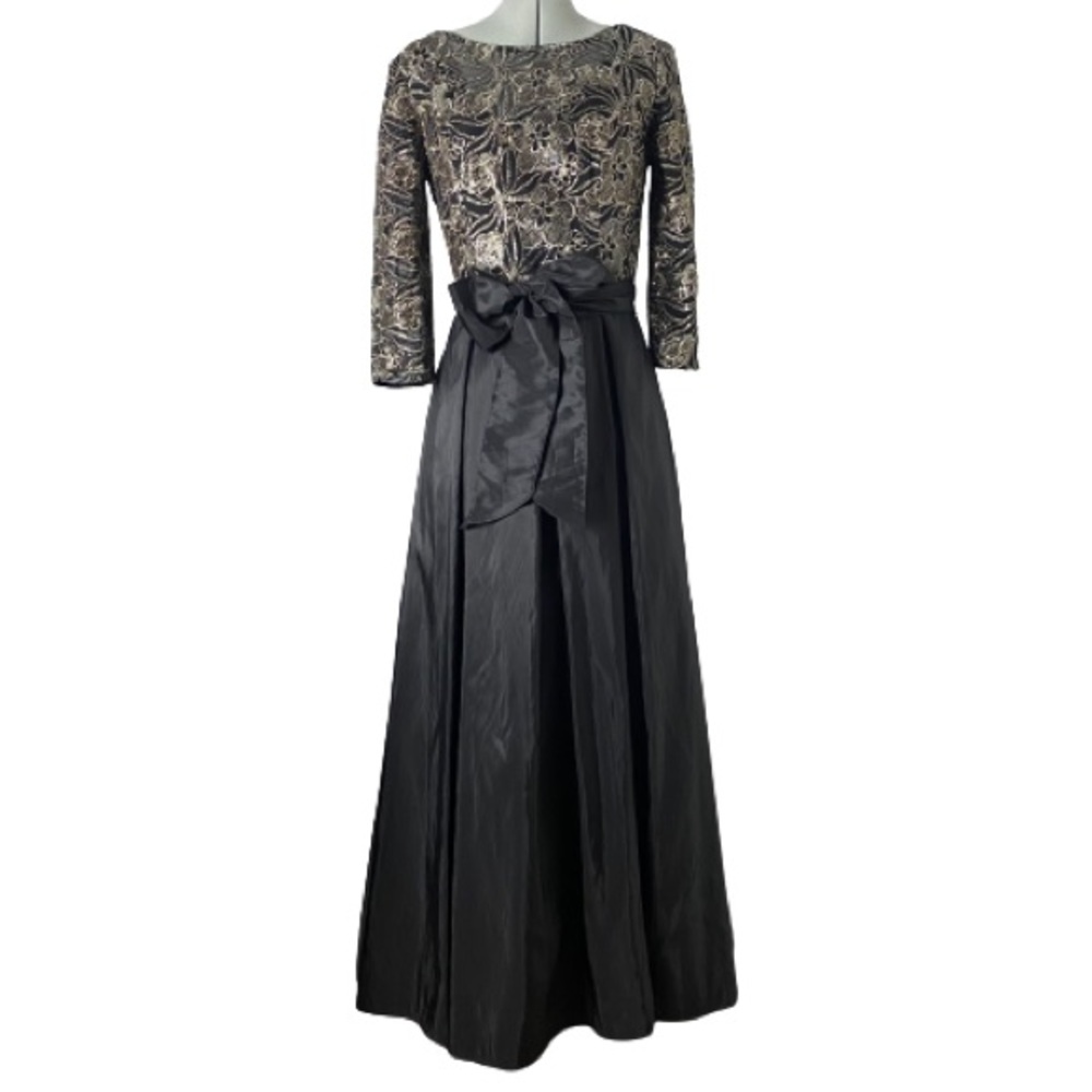 EUC Alex Evenings Black/Gold Long Sleeve Formal Gown, Front Tie Sash Bow Size 8